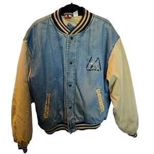 Disney Inc. Rare 90's Men's Mickey Mouse Blue and Tan Denim Varsity Jacket XL